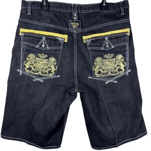 Y2K Urban Label Mens Black Denim Jean Shorts Baggy Embellished Size 38